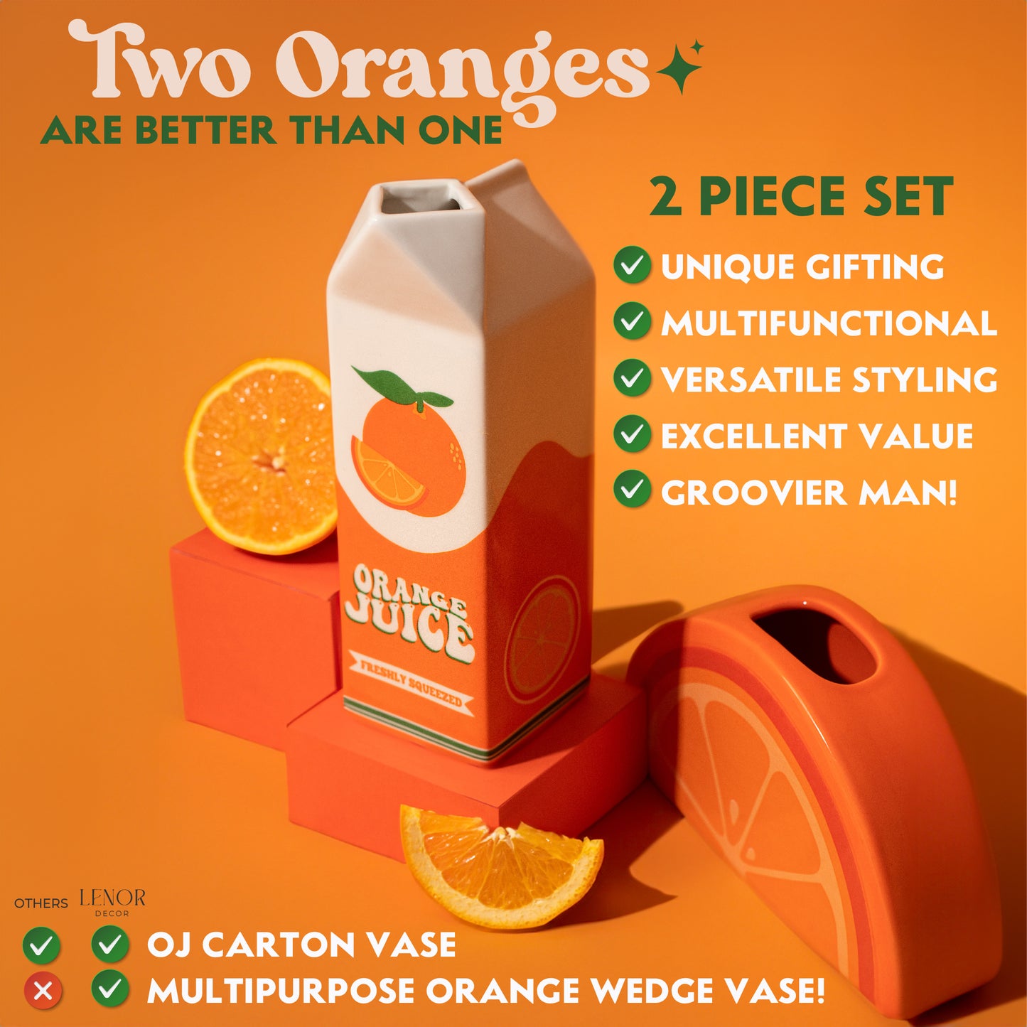 Lenor Decor Orange Juice Vase, 2 Vase Set. Ceramic Carton Vase and Sliced Orange Vase. Unique Vases for Flowers. Funky Home Decor. Colorful Vintage Retro Weird Eclectic Groovy Cool Kawaii Room Decor